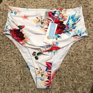 White & Floral High Waist Swim Bottoms